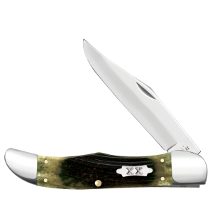 Sawcut Jigged Olive Green Bone Folding Hunter with Case XX Bowtie Shield.