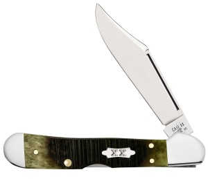 Sawcut Jigged Olive Green Bone Mini Copperlock with Case XX Bowtie Shield.